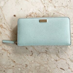 Kate Spade Light Blue Zip Around Wallet Clutch Logo Credit Card